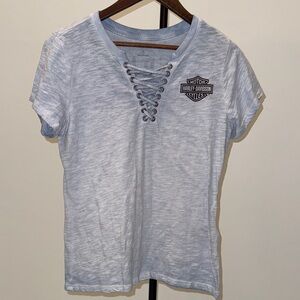 Harley-Davidson Women's Light Blue Lace-Up Tee. Size M